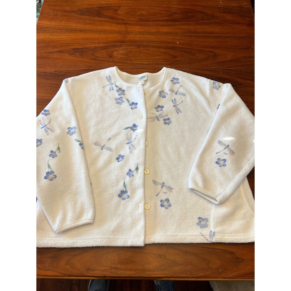 Artisans Glen Flora White Fleece Dragonfly Floral Button Cardigan XXL
